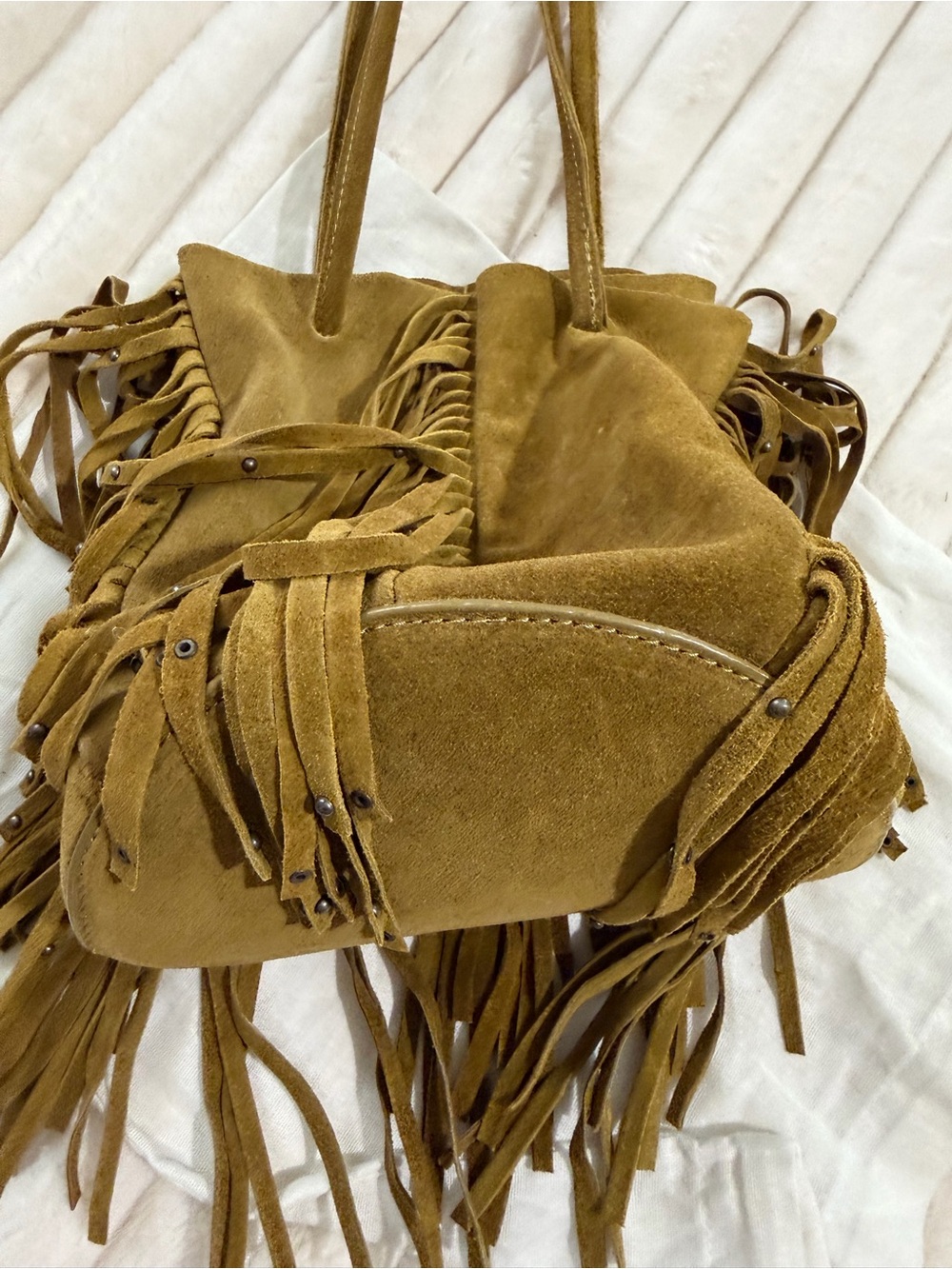 Olive Suede( genuine leather)Fringe Bucket Bag - Women - Picture 9 of 12